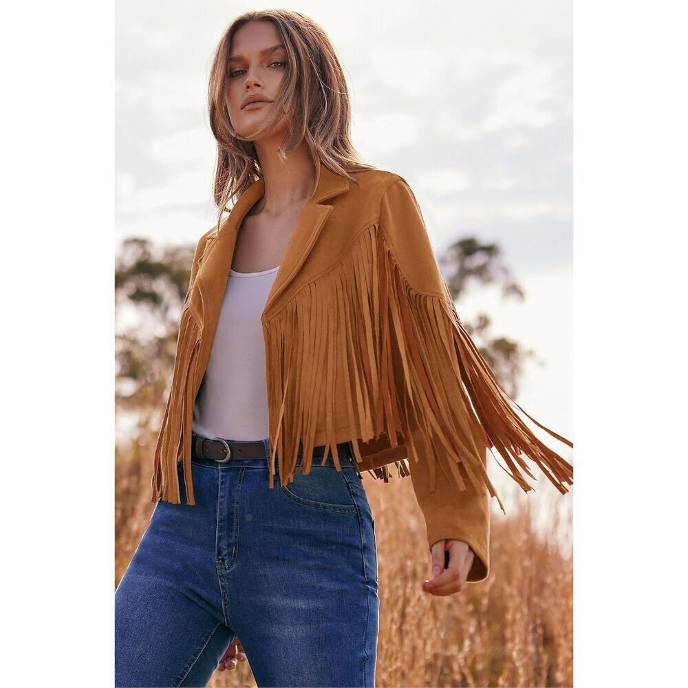 Women's  Brown Yellow Faux Suede Leather Tassel Motorcycle Cropped Jackets - Picture 4 of 9